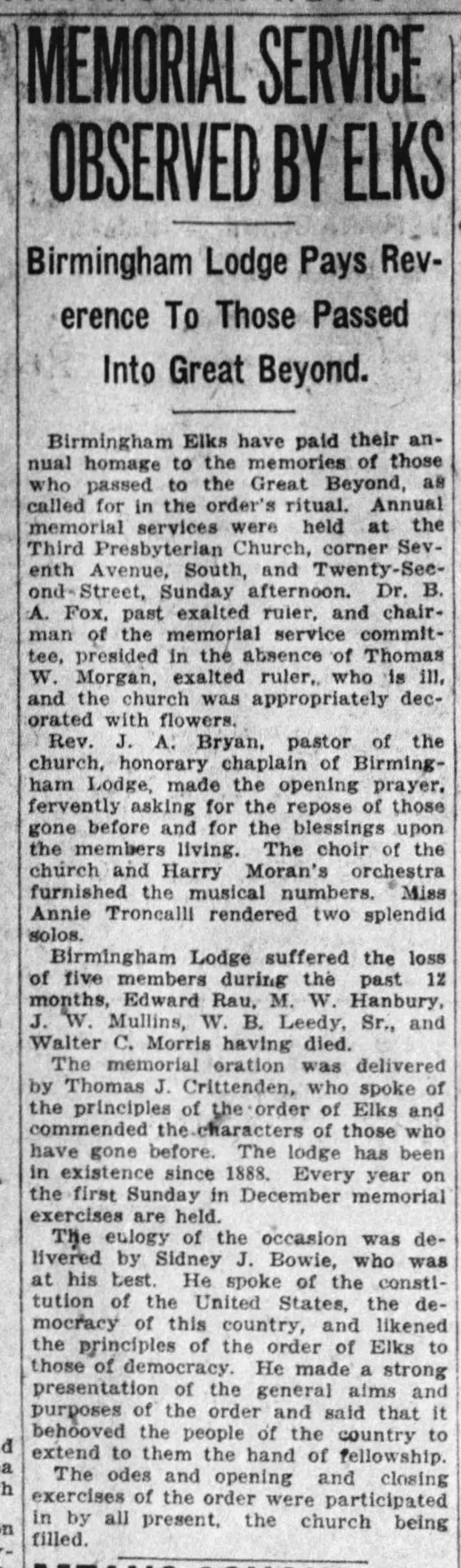 Memorial Service Observed By Elks